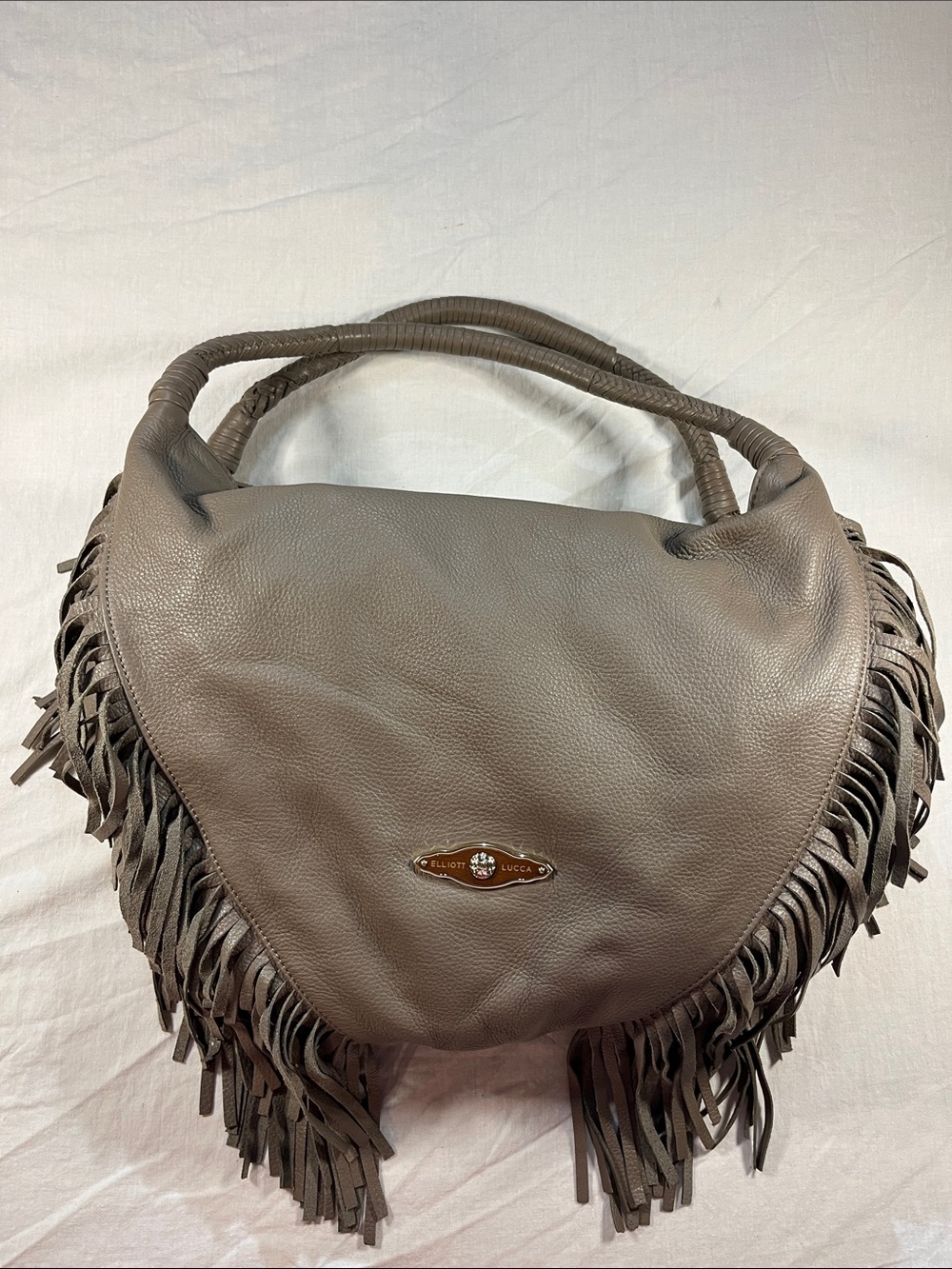 Elliott Lucca Gray Leather Fringe Hobo Shoulder Bag Braided Strap Slouchy Boho - Picture 2 of 11